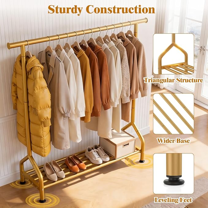 Sturdy Clothing Racks with Shelf, Metal Clothes Rack with Leveling Feet for Hanging Clothes, Freestanding Garment Coat Rack for Bedroom, Apartment & Small Spaces, Gold