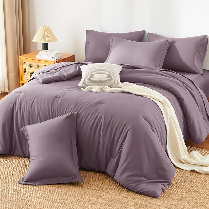 HIMEET Queen Comforter Set, 7-Piece Point-Quilted Bed in a Bag Dusty Purple | OEKO-TEX Certified, Lightweight 240 GSM Comforter, Flat Sheet, 14-Inch Deep-Pocket Fitted Sheet, Pillowcases & Shams