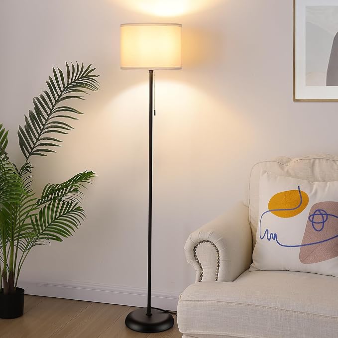 FOLKSMATE Floor Lamp for Living Room, Modern LED Simple Standing Lamps, Minimalist Tall Lamp for Bedroom, Living Room, Office, Kids Room, Reading Light, Black Pole Lamp with White Shade, Without Bulb