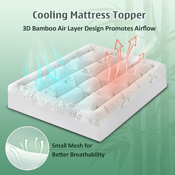 DOWNCOOL 3 Inch King Mattress Topper, Breathable Bamboo Viscose Air Layer | Cooling Memory Foam Mattress Topper for Back Pain Relief, 1700 GSM Fill, Deep Pocket Fits 8–21Inch