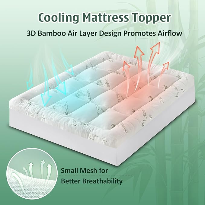 DOWNCOOL 3 Inch Full Mattress Topper, Breathable Bamboo Viscose Air Layer | Cooling Memory Foam Mattress Topper for Back Pain Relief, 1700 GSM Fill, Deep Pocket Fits 8–21Inch