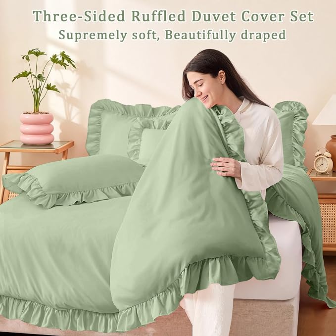FUANNA Sage Green Duvet Cover Queen Size 3 Pieces, Farmhouse Bedding | Ultra Soft 4-Inch Ruffle Duvet Cover Set with Corner Ties & 2 Pillow Shams, Vintage Bed Set for Women & Girls, No Comforter