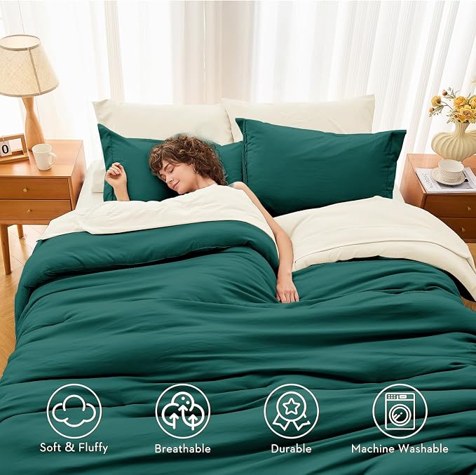 7 Pieces Queen Comforter Set, Soft Bed in a Bag Queen Size, All Season Bedding Set with Comforter, Flat Sheet, Fitted Sheet, Pillowcases & Shams, Peacock Blue & Ivory