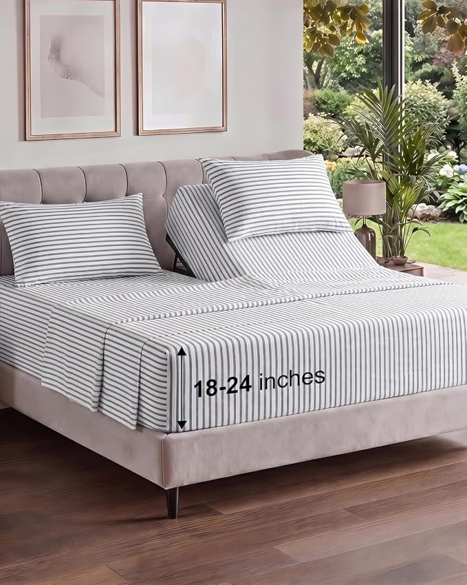 Flex Top Split Head King Sheet Set - 4 Piece Extra Deep - Grey Stripes 2 | Easily Fits 18 to 24 inch Mattress, Ultra Soft, Wrinkle & Fade Free with Extra Deep Pockets, Comfy Hotel Luxury Bedding