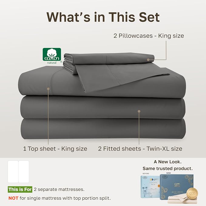 California Design Den 100% Cotton Sateen Split King Bed Sheet Set, 5 Pcs | 500 Thread Count with Good Housekeeping Seal, Split King Sheets Sets for Adj. Bed with 2 Sep. Twin-XL Mattresses - Dark Grey
