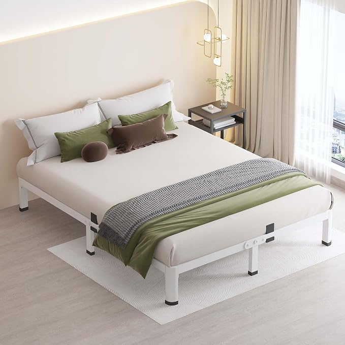 MAF 7 Inch Queen Metal Platform Bed Frame White with Round Corner Legs | Mattress Slide Stopper, 3000 LBS Heavy Duty Steel Slats Support, Noise Free, No Box Spring Needed, Easy Assembly, Anti-Slip