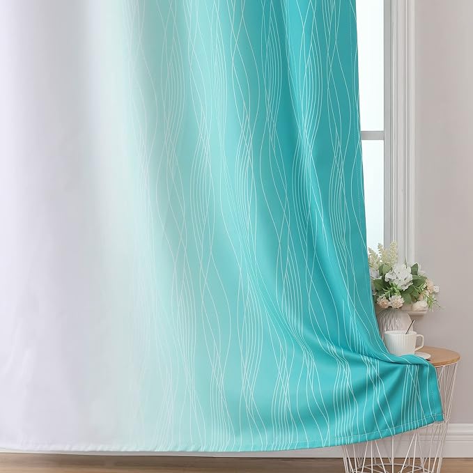 Teal and Grayish White Ombre Blackout Curtains for Living Room 72 Inch Long | Estelar Textiler Room Darkening Curtains for Bedroom,Thermal Insulated,Light Blocking Grommet Window Drapes,52Wx72L,2 Panels