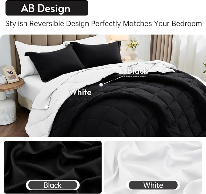 7 Pieces Oversized Queen Comforter Set, Reversible Bed in a Bag Oversized Queen Size, All Season Bedding Set with Comforter, Flat Sheet, Fitted Sheet, Pillowcases & Shams, Black & White
