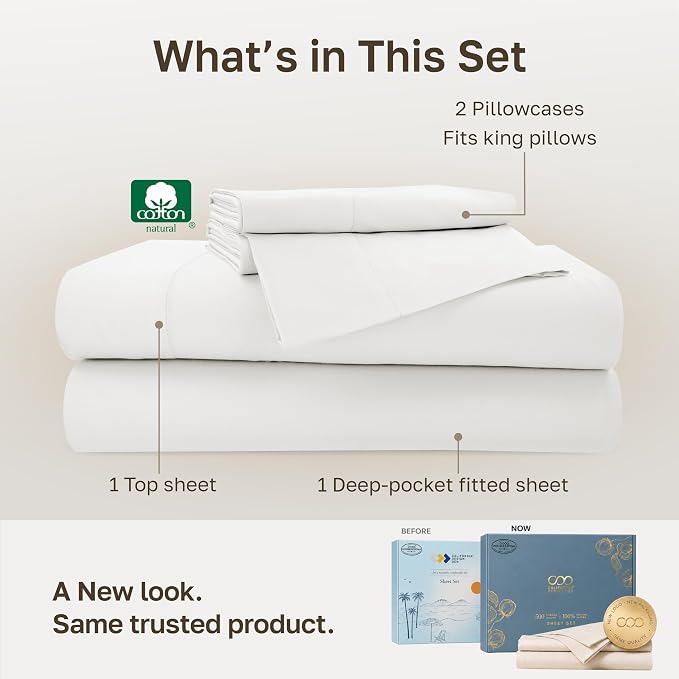 California Design Den Softest 100% Cotton Sateen King Sheet Set, True Ivory | 500 Thread Count Backed by Good Housekeeping Seal, 16" Deep Pocket, All-Around Elastic, Durable, Easy Care