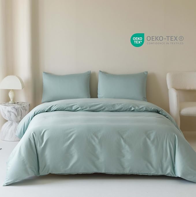 HeimenAogo Egyptian Cotton Duvet Cover Queen Size Sateen Weave, Silky Soft and Breathable Bedding Set with Zipper Closure, Long Staple Cotton Bed Linen Skylight Blue 3Pcs (90"×90")