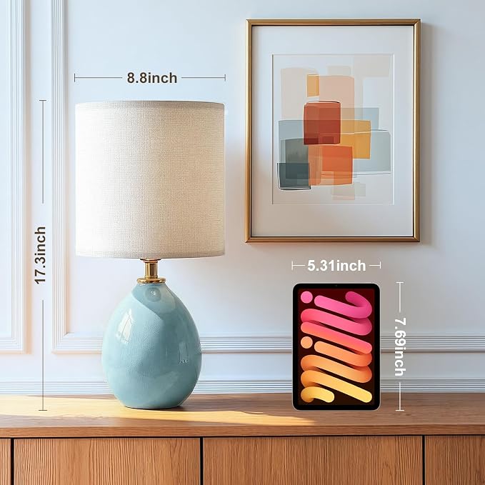 18.5" Ceramic Table Lamps Set of 2 for Living Room Bedroom, Blue | Bedside Lamps for Bedroom Nightstand, Ice Crackle Home Bedroom Living Room Decor, Linen Fabric Shade, 3-Color Temperature