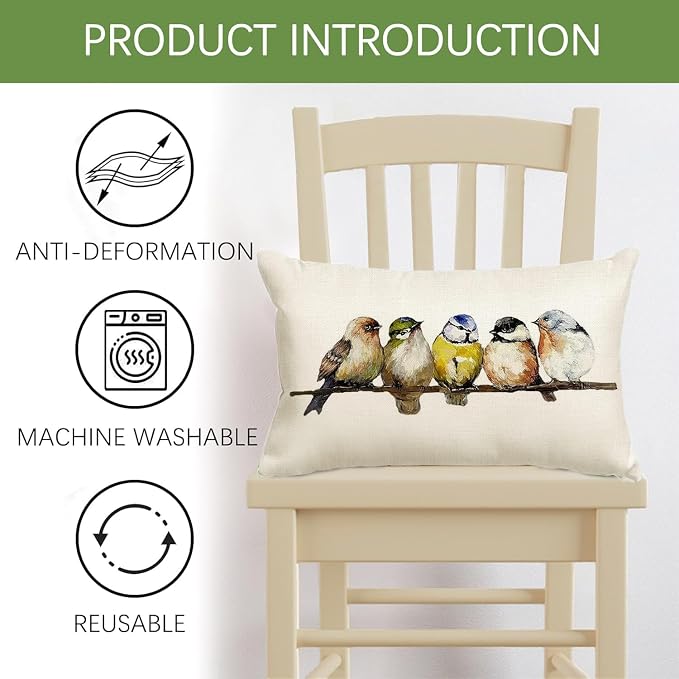 RABUSOFA Watercolor Birds Pillows Decorative Throw Pillows 12x20,Hand-Painted Oil Painting Rustic Birds Lumbar Pillow Cases,Cute Colorful Spring Summer Decorations for Home Couch Sofa Outdoor