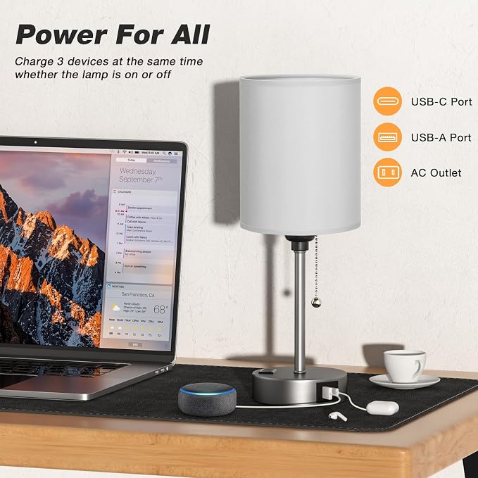 Small Bedside Table Lamp for Bedroom - Desk Lamp with USB Ports for Dorm | USB A+C Ports, AC Outlet, 3 Color Temperatures, LED Bulb Included, Grey Fabric Shade, Sleek Silver Base, 14" Night Stand Lamp