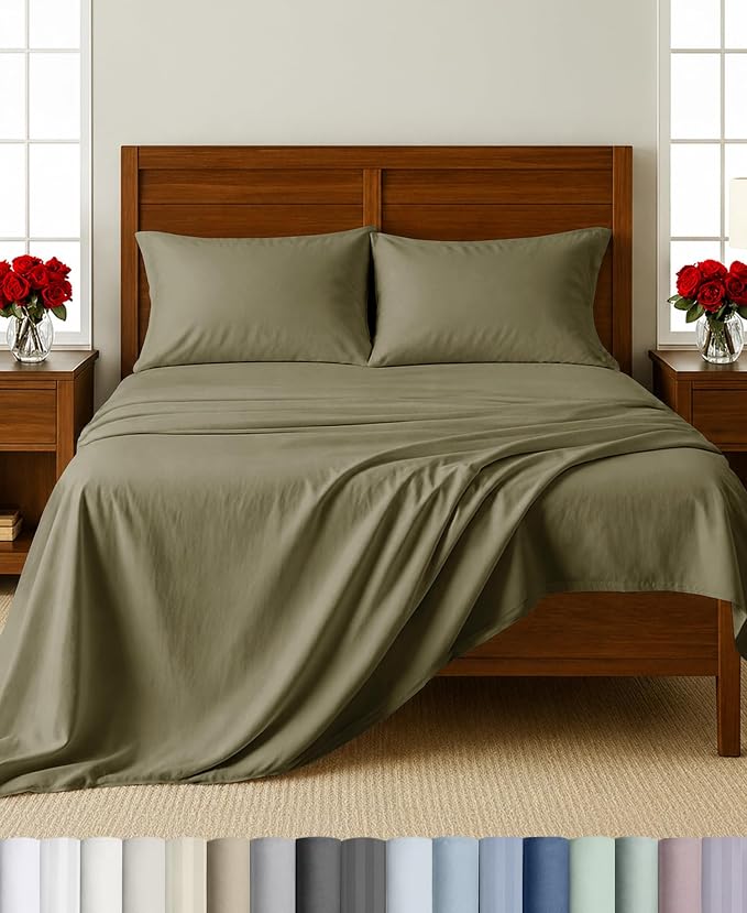 California Design Den 100% Cotton Sateen Full Size Bed Sheets Set, 4 Pcs | Soft 500 Thread Count Backed by Good Housekeeping Seal, 16" Deep Pocket, All-Around Elastic, Easy Care - Pamelo Olive