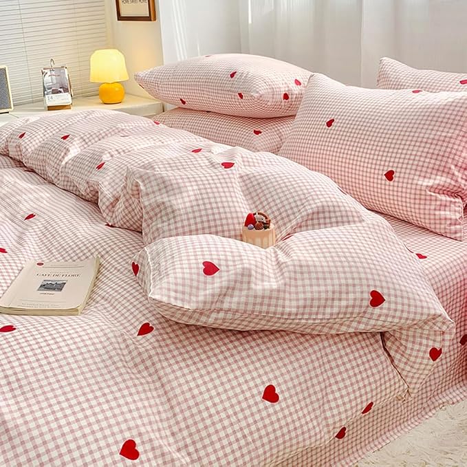 Nayoroom Gingham Duvet Cover Full Size Pink Plaid Red Heart Printed on White Bedding Set 3 Pcs Kids Girls Cute Heart-Shaped Comforter Cover with Zipper Closure Soft Breathable Microfiber