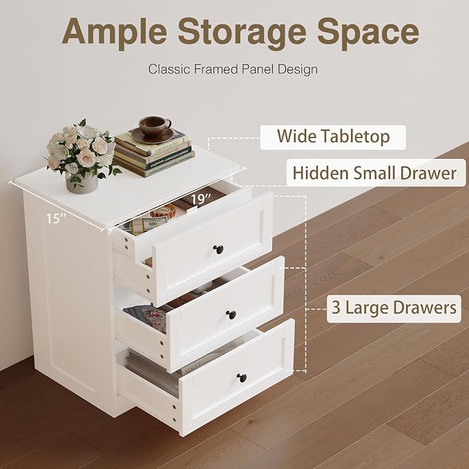 wanan Dresser for Bedroom Set of 2, White Modern 19'' Wide Wood Chest of Drawers with Hidden Drawer, Storage Organizer with Smooth Metal Rails & Anti-Tip Kit Living Room