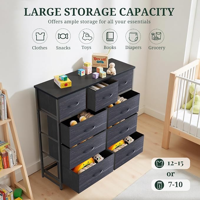 9-Drawer Dresser for Bedroom, Anti-Tip Tall Storage Organizer | Chest of Drawers with Wooden Top and Metal Frame Fabric Bins for Closet, Living Room, Hallway, Entryway, Charcoal Black