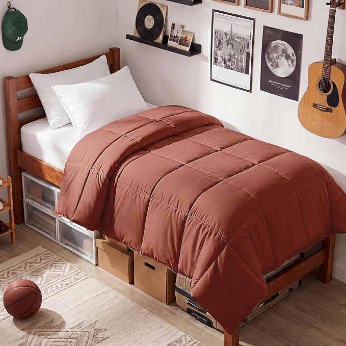 EASELAND Twin XL Down Alternative Comforter, Terracotta, 68x92 Inches | College Dorm Quilted Duvet Insert, Soft Lightweight Bedding with Corner Tabs, Breathable Machine Washable Dorm Essentials