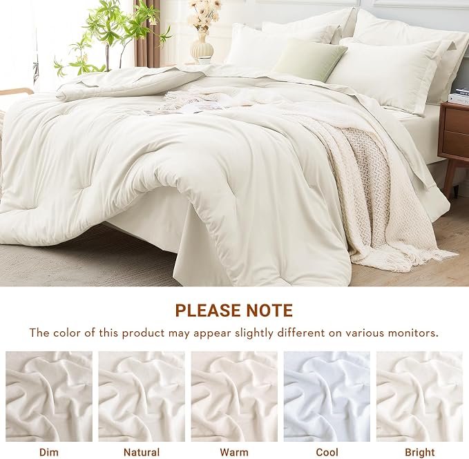 7 Pieces Oversized King Comforter Set, Soft Bed in a Bag Oversized King Size, All Season Bedding Set with Comforter, Flat Sheet, Fitted Sheet, Pillowcases & Shams, Ivory