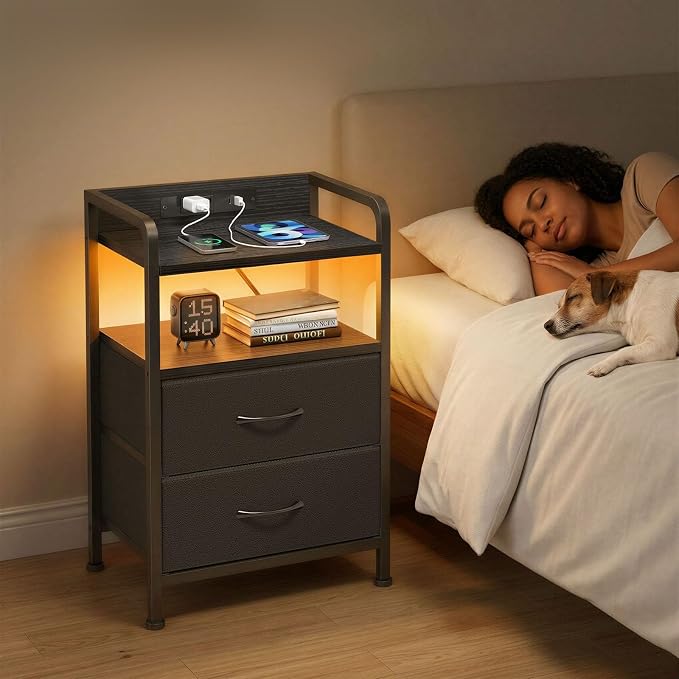 Fixwal Black Led Nightstand, Rear Charging Station, 2 Fabric Drawers | industrial style, built-in bedside charger, 2 AC outlets 1 usb port 1 c port, small bedroom furniture, end table, night stand