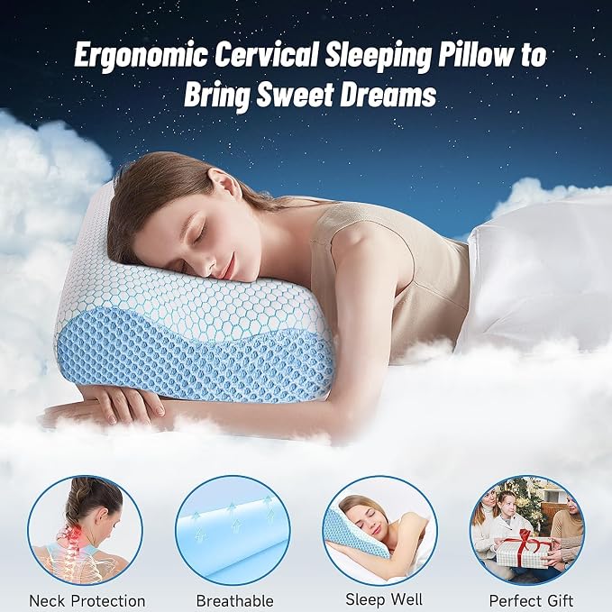Neck Pillow for Sleeping, Ergonomic Cervical Bed Pillow, Blue Queen Size | Memory Foam Bed Pillow for Side Back Stomach Sleepers, Contour Fit Neck Pillow for Sleeping and Neck Pain Relief