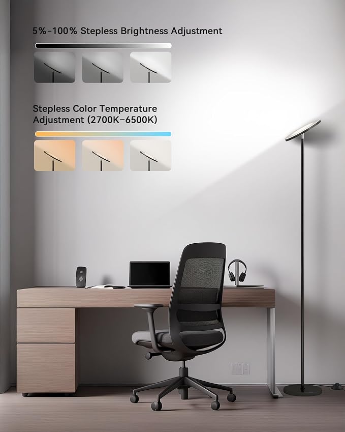 LED Torchiere Floor Lamp with Remote, Stepless Dimmable Standing Lamp | Super bright uplight fills ceilings and dark corners for living rooms, bedrooms, home offices, reading nooks and apartments