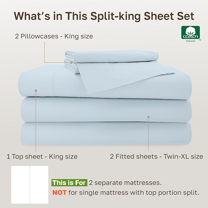 California Design Den 100% Cotton Sateen Split King Sheet Set, 5 Pcs | 500 Thread Count with Good Housekeeping Seal, Split King Sheets Sets for Adjustable Bed with 2 Separate Twin-XL Mattresses