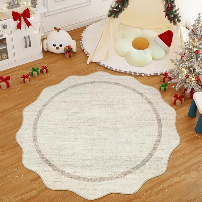 GarveeHome Scalloped Washable Round Rugs Non-Slip Round Rug 4 ft, Beige | Soft Ultra-Thin Small Boho Circle Stain Resistant Low Pile Carpet for Entryway Kitchen Bedroom Nursery Bathroom
