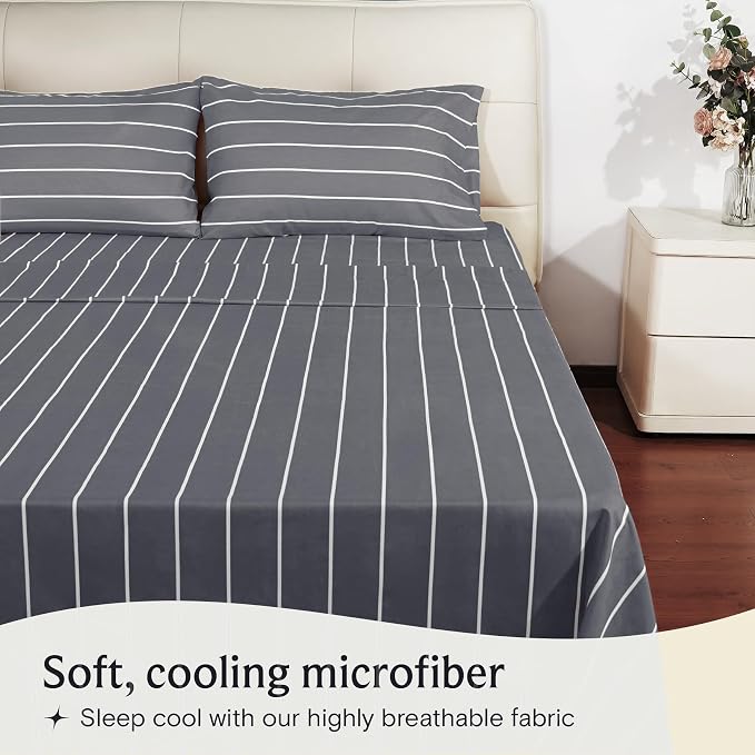 Cal King Striped Sheets Set, Deep Pocket Soft & Cooling Bed Sheet, 4PC | LuxClub Silky Fitted Sheet & Pillowcase Sets, Breathable Hotel Luxury Bedding for Mattress Wrinkle Free, Light Grey