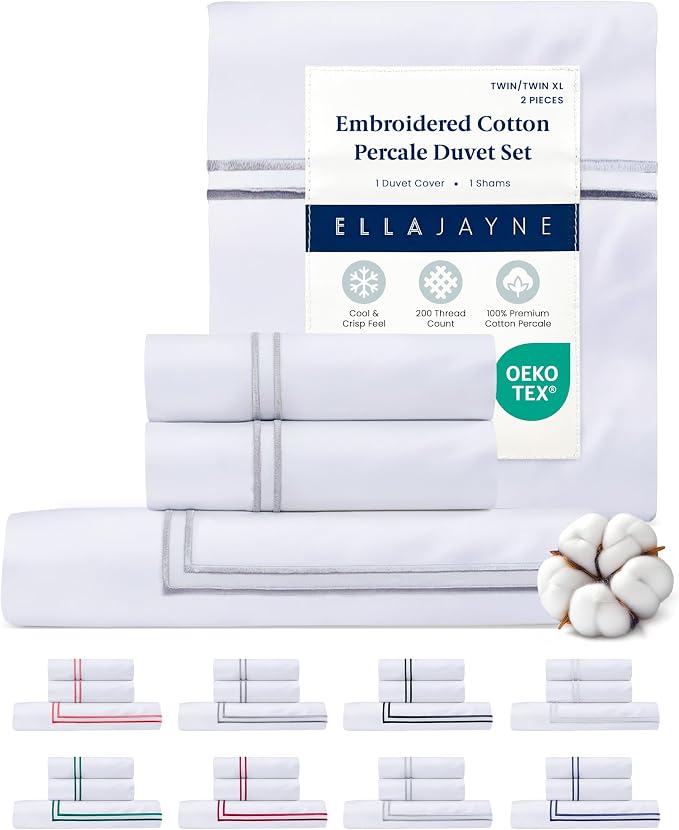 Ella Jayne Twin Duvet Cover 100% Cotton Percale Soft Silver Design 2 Pcs | Duvet Cover Twin | Soft Cotton Percale | 68 x 90 Inch Cover | Includes 1 Matching Pillow Sham | Silver Design