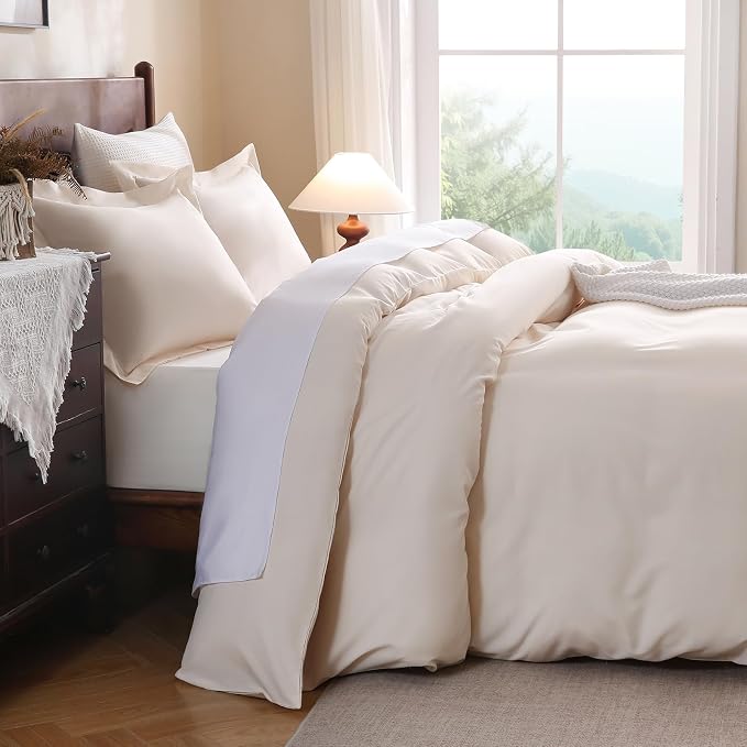 FreshCulture Duvet Cover Full Size - 3 Pieces Microfiber Duvet Cover Set with Zipper Closure - Lightweight & Easy Care - 1 Comforter Cover & 2 Pillow Shams - Comforter Not Included (Cream)