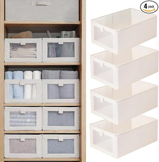 Pradnel Linen Closet Organizers And Storage, 4 Pack Storage Bins Baskets for Organization Foldable Organizer with Clear Window Organizing Clothing, Jeans, Shelves