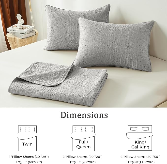 akkialla Twin Quilt Bedding Set,Light Grey Ultrasonic Quilt Set,Lightweight Soft Bedspread Coverlet,Modern Style Coin Pattern Bed Cover for All Seasons,2 Piece(1 Quilt,1 Pillow Sham)