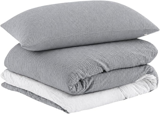 EMME Cotton Muslin Duvet Cover Set Twin Size Linen Like Soft Breathable Lightweight Summer Comforter Cover Set with Zipper Closure (Light Grey&White, Twin, 68"x90")