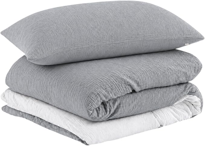 EMME Cotton Muslin Duvet Cover Set Queen Size Linen Like Soft Breathable Lightweight Summer Comforter Cover Set with Zipper Closure (Light Grey&White, Queen, 90"x90")
