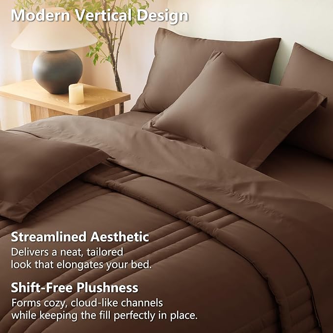 Full Size Comforter Sets Brown- 7 Pieces Bed in a Bag | OEKO-TEX Certified, 240GSM Down-Alternative Comforter, 14" Deep-Pocket Sheets, Shams & Pillowcases, Lightweight