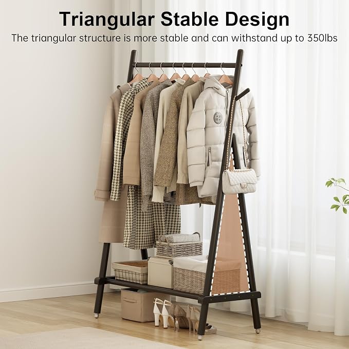 Muwuele Solid Wood Clothing Rack, Rolling Clothes Rack for Hanging Clothes, Garment Rack with Shelves Load 350 Lbs, Portable Closet Organizer on Wheels for Hanging Clothes (Black)