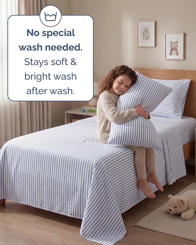 Twin 4 Piece Bed Sheet Set - Breathable & Cooling Sheets - Blue Stripes | Ultra Soft Hotel Luxury Bedding Set with 8-16 Inch Deep Pockets, 1 Flat & 1 Fitted Sheet & 2 Pillowcases, Wrinkle & Fade Free