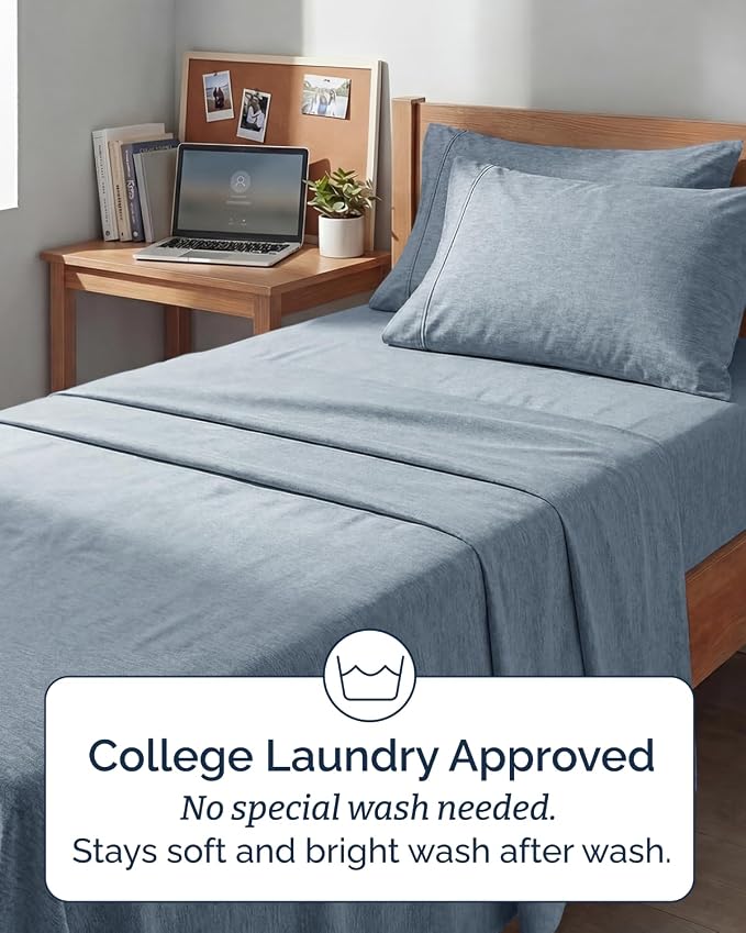 Extra Deep Twin XL Sheet Set - 4 Piece College Dorm Room - Heathered Blue | College Dorm Room Essentials, Easy & Secure Fit, Ultra-Soft, Wrinkle & Fade Free, Comfy Sheets Set with Extra Deep Pockets