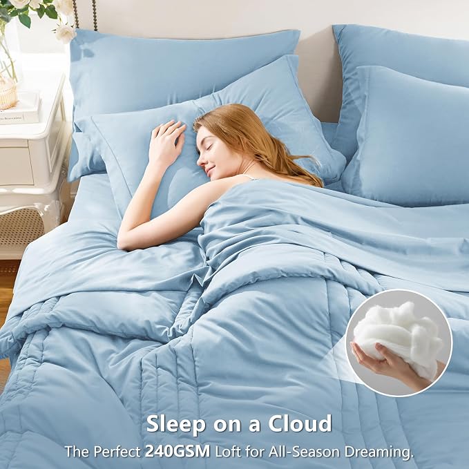 Queen Comforter Set Baby Blue - 7 Pieces Bed in a Bag | OEKO-TEX Certified, 240GSM Down-Alternative Comforter, 14" Deep-Pocket Sheets, Shams & Pillowcases, Lightweight