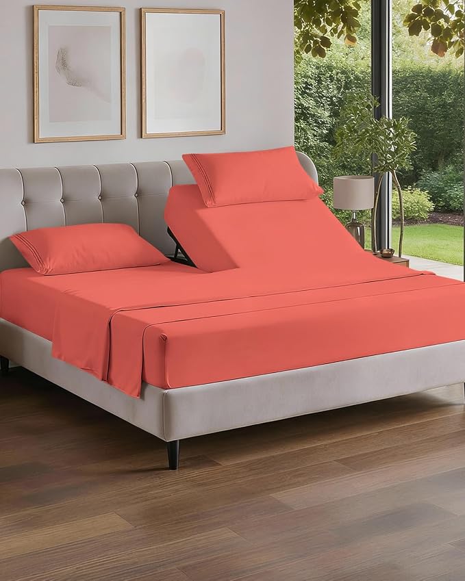 Flex Top Split Head King 4 Piece Sheet Set - Ultra-Soft, Breathable - Coral | Cooling Bed Sheets Set, Hotel Luxury Bedding for Women & Men with Deep Pockets, Wrinkle Free & Fade Resistant, Oeko-Tex