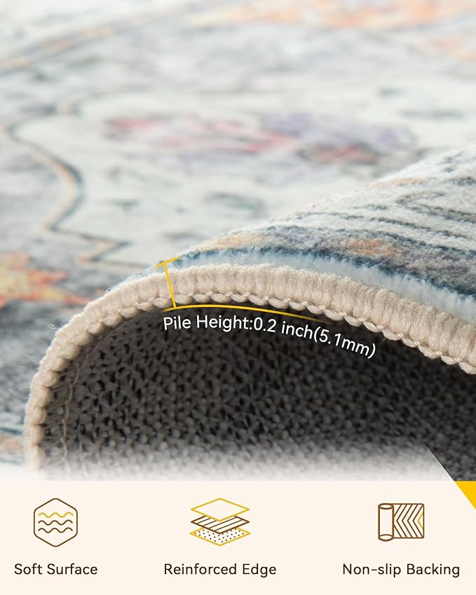 RELEANY Washable Area Rug, Runner 2'x6', Beige/Carbon Grey/Orange | Non-Slip, Water Repellent, Pet Friendly, Easy to Clean, Vintage Floral Boho Decor for Kitchen Entry Bedroom Bedside Laundry