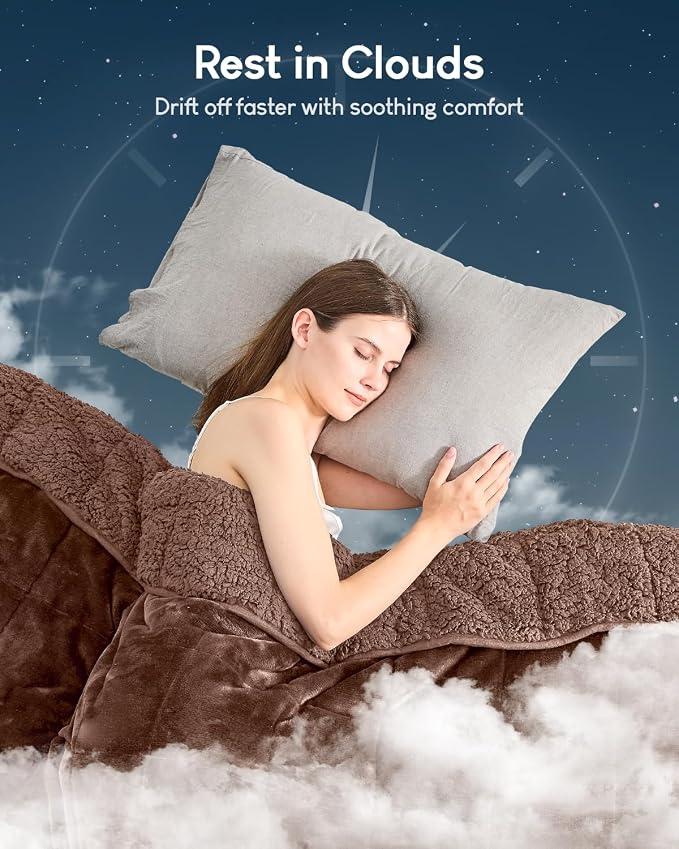 Cottonblue Fleece Weighted Blanket for Adults 15lbs Queen Size 60x80in Soft | Cozy Flannel Sherpa Weighted Blanket Throw for Calm Sleep Relax, Warm Shaggy Bed Sofa Couch Heavy Blanket, Chocolate Brown