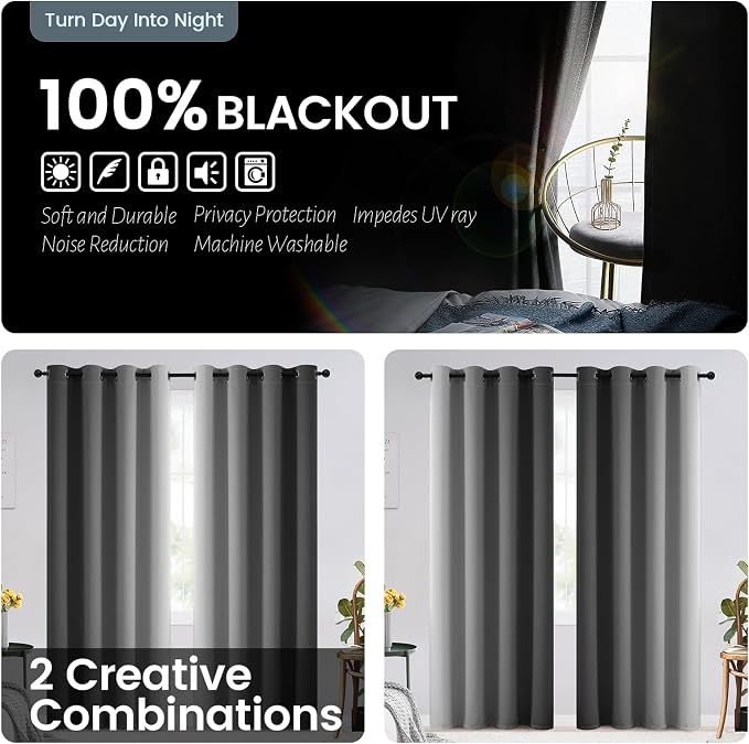 SimpleHome 100% Blackout Ombre Bedroom Curtains Grey and Greyish White,96L | Room Darkening Curtains,Thermal Insulated Grommet Window Drapes and Curtains for Living Room,2 Panels, 52x96 inches Length