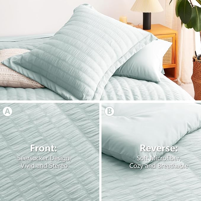 King Size Comforter Set, 7 Pieces Ice Blue Seersucker Bed in a Bag | OEKO-TEX Certified, All Season Bedding Set with 240 GSM Down Alternative Comforter, Flat & Fitted Sheets, Pillowcases & Shams