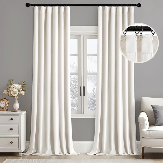 MIULEE Velvet Curtains 50W x 104L 2 Panels Ivory Blackout Curtains | Luxury velvet fabric, pinch pleat design, back tab hooks, thermal insulated, blackout light blocking, for living room bedroom