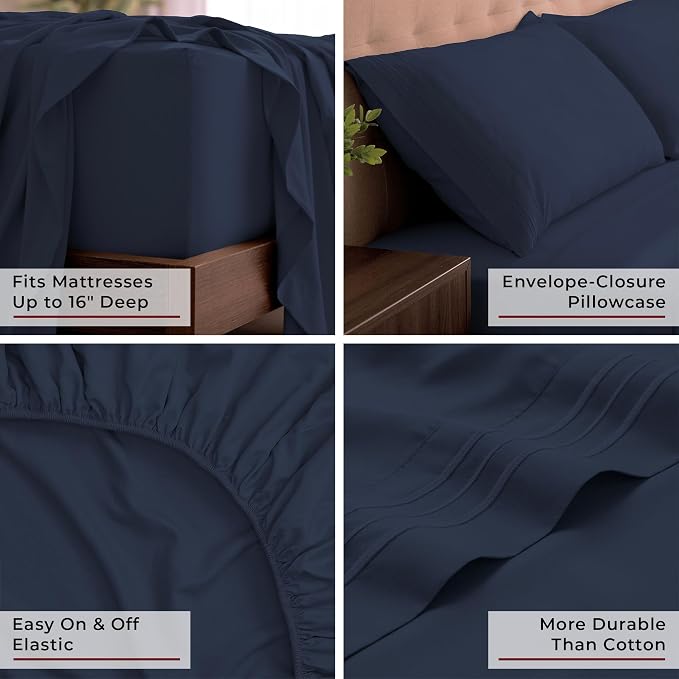 Mellanni Iconic 4-Piece, Ultra Soft Sheet Set (California King, Navy Blue) | 10M+ Sleepers. Lab-tested: Sleeps Cool, Stays Bright, Strong, Smooth. Good Housekeeping Best Bedding, 7 yrs running.