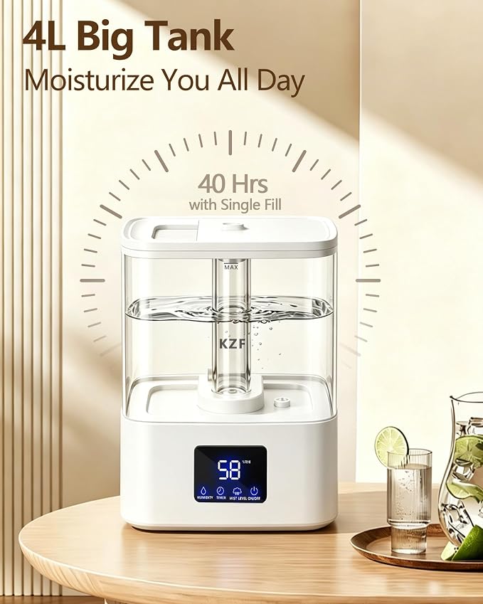 KZF 4L Top Fill Humidifiers for Bedroom & 40H Runtime - Cool Mist Humidifier, 3 Mist Levels, 8H Timer, Essential Oil Tray, Humidity Display, Quiet for Baby, Plants, Large Room (White, 4L)