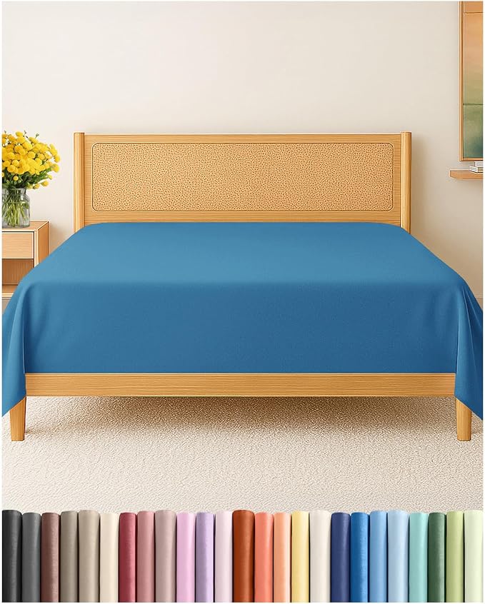 Queen Flat Sheet - Single Top Flat Sheet Only - Soft & Cooling - Denim Blue | Hotel Luxury Top Flat Sheet Only, Ultra-Soft, Breathable & Cooling, Fade & Wrinkle Free, Easy-Care, Stain & Shrink Resistant
