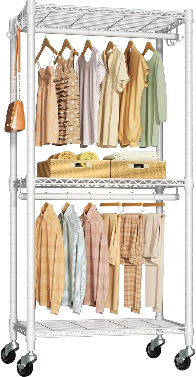 FUTASSI Rolling Clothes Rack, Clothing Racks for Hanging Clothes, White | P3 Mini Heavy Duty Garment Rack with Wheels, Freestanding Portable Closet Racks 23.6'' W x 14'' D x 78.5'' H, Max Load 430Lbs